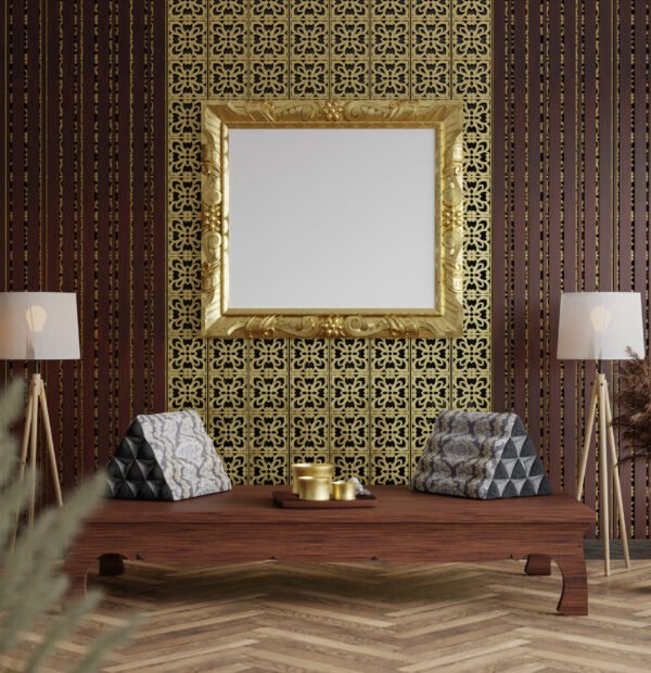 3D illustration, Mockup photo frame for picture or poster on beautiful wall,  decorated in thai style with luxury furniture on wooden bed, rendering