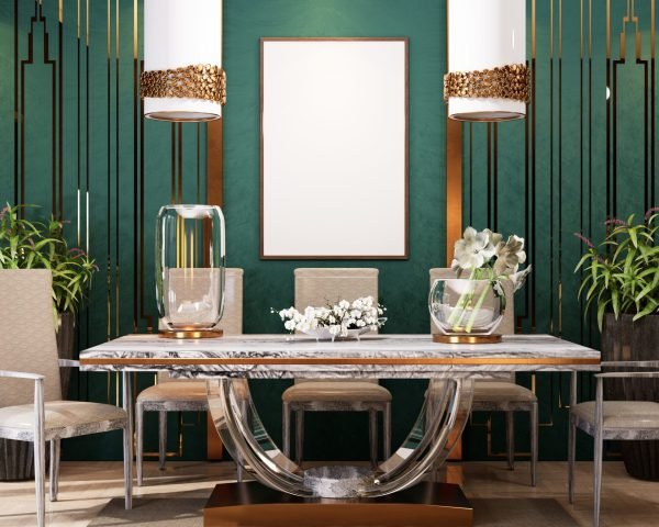 3D illustration mockup large board with frame in dining room  at home or restaurant, scandinavian style interior pastel colors and decoration with cute furniture and comfortable, rendering