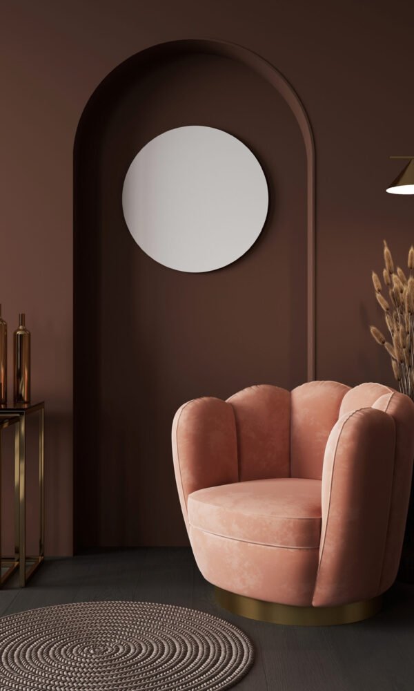 round frame mockup in stylish interior background, living room in pink and brown colors,3d render